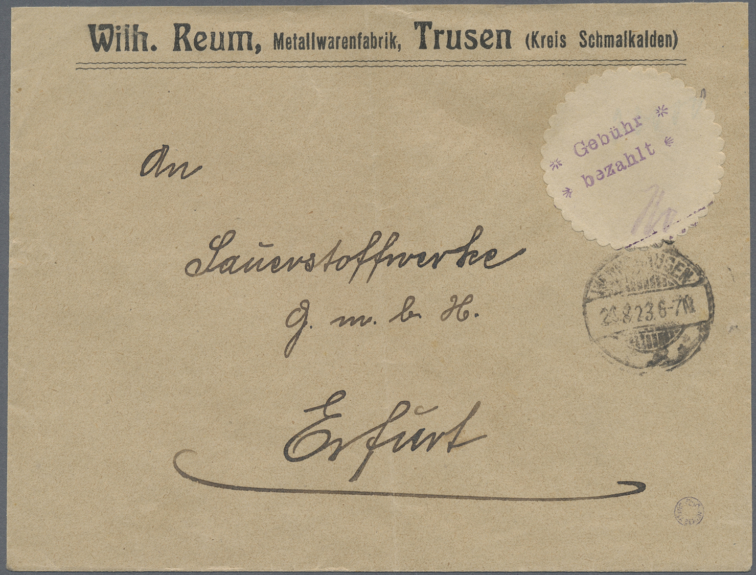 Br Deutsches Reich - Lokalausgaben 1918/23: WERNSHAUSEN ( KR. SCHMALKALDEN): 1923, Gebührenzettel-Oblat - Lettres & Documents