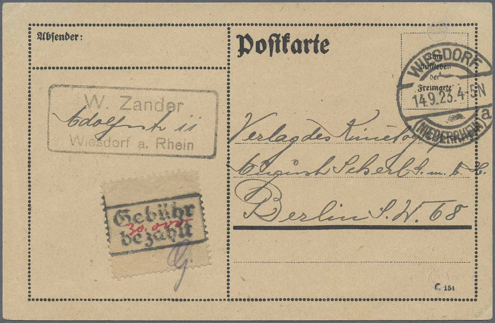 Br Deutsches Reich - Lokalausgaben 1918/23: WIESDORF (NIEDERRHEIN): 1923, Gebührenzettel Mit Ra2 "Gebüh - Brieven En Documenten