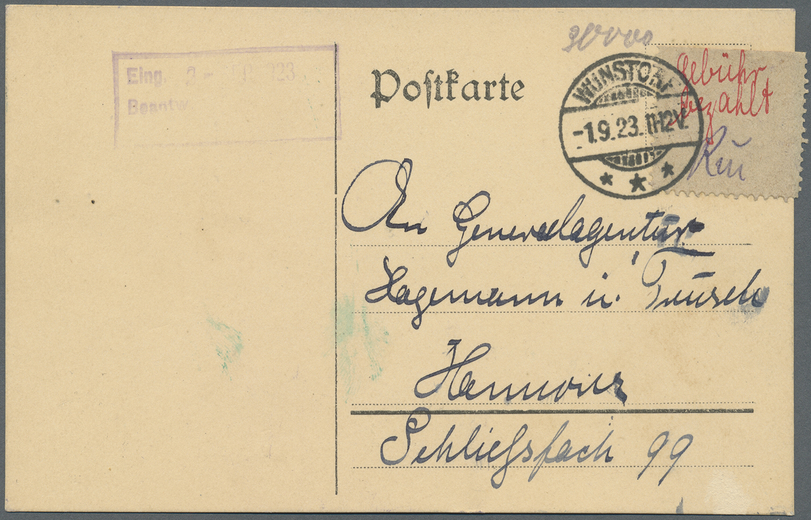 Br Deutsches Reich - Lokalausgaben 1918/23: WUNSTORF 1923, Gebührenzettel "hs. Gebühr Bezahlt/Namenszei - Lettres & Documents