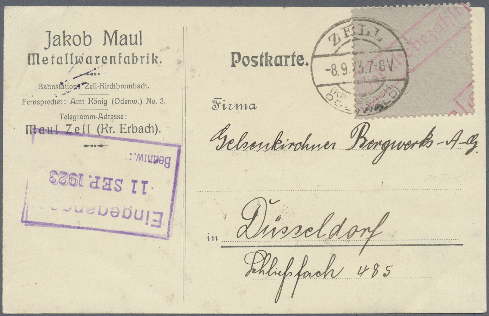 Br Deutsches Reich - Lokalausgaben 1918/23: ZELL (ODENWALD): 1923, Gebührenzettel Mit Diagonalem Aufdru - Lettres & Documents