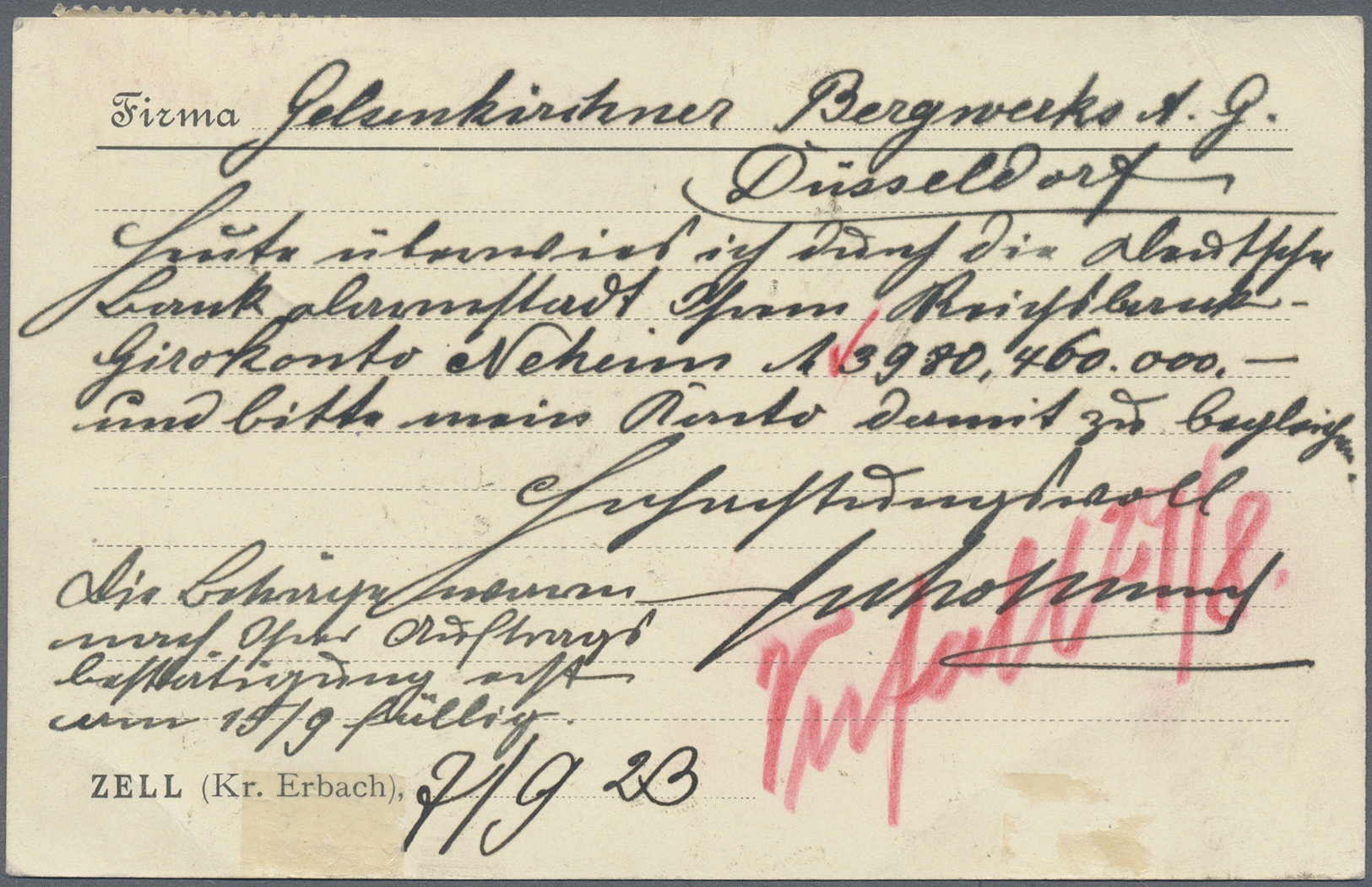 Br Deutsches Reich - Lokalausgaben 1918/23: ZELL (ODENWALD): 1923, Gebührenzettel Mit Diagonalem Aufdru - Lettres & Documents