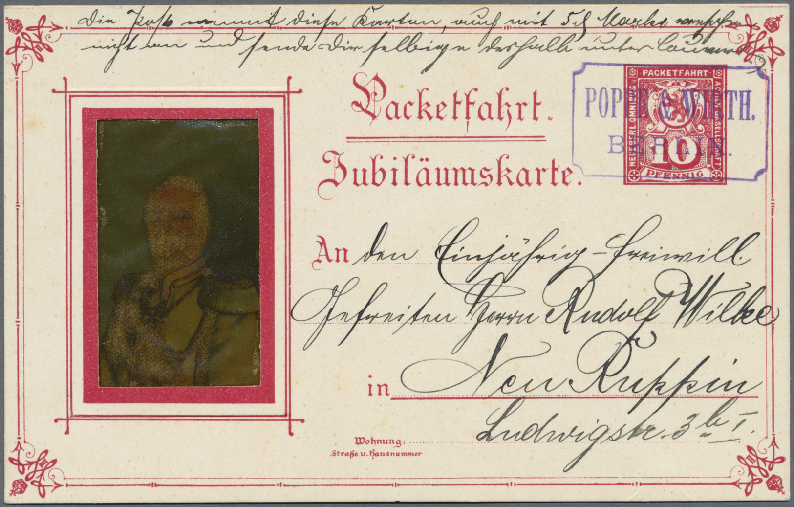 GA Deutsches Reich - Privatpost (Stadtpost): BERLIN: Packetfahrt, Jubiläumskarte 10 Pfg. Kaiser Wilhelm - Postes Privées & Locales