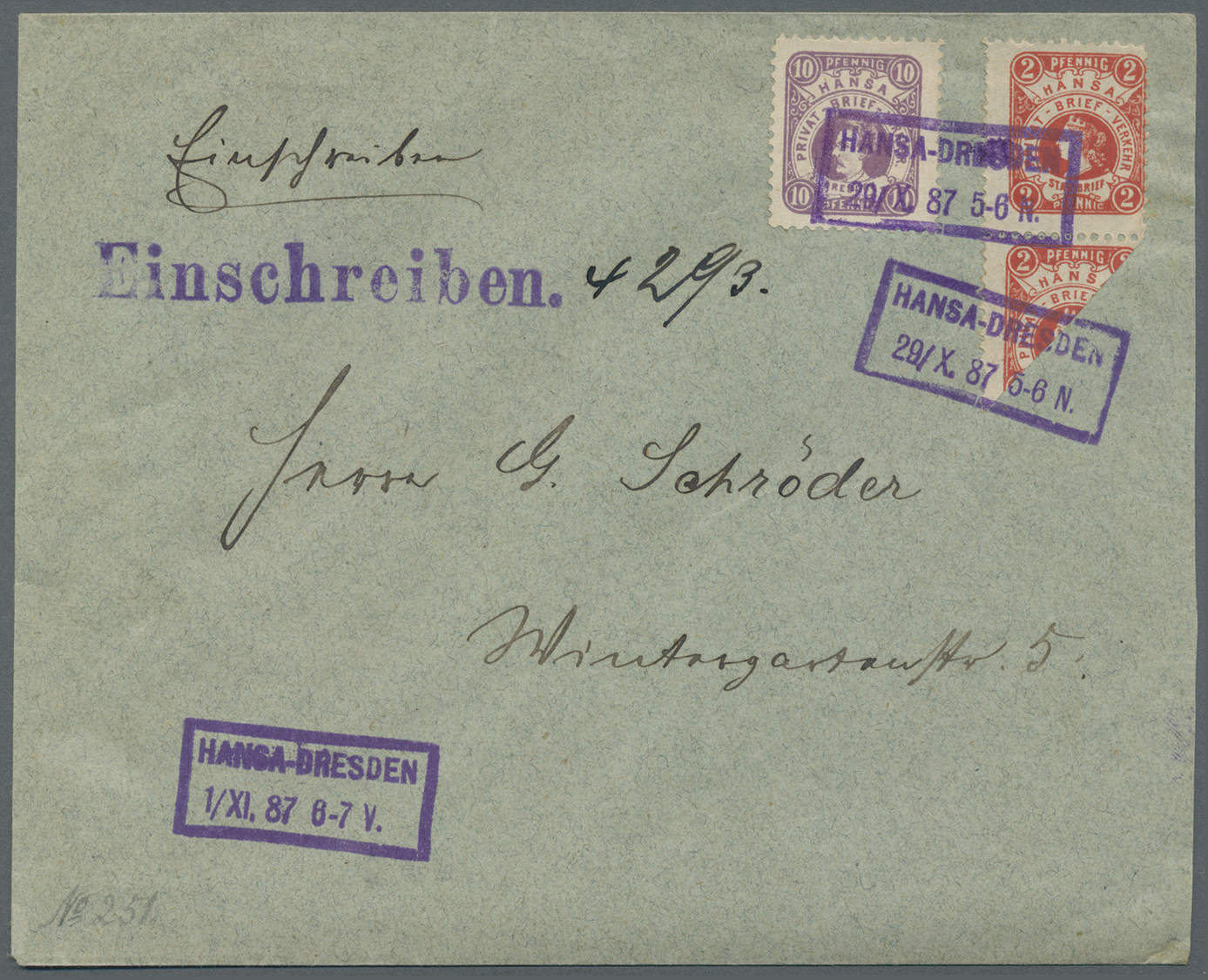 Br Deutsches Reich - Privatpost (Stadtpost): DRESDEN: Hansa 10 Pfg. Violett Mit Senkr. Paar 2 Pfg. (unt - Private & Lokale Post
