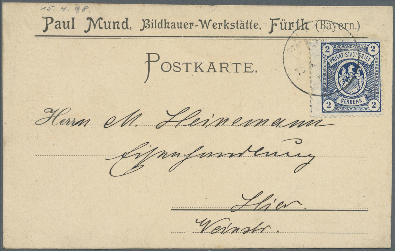 Deutsches Reich - Privatpost (Stadtpost): FÜRTH: Herionwappen Im Größeren Format, 2 (Pfg) Dunkelblau - Private & Lokale Post