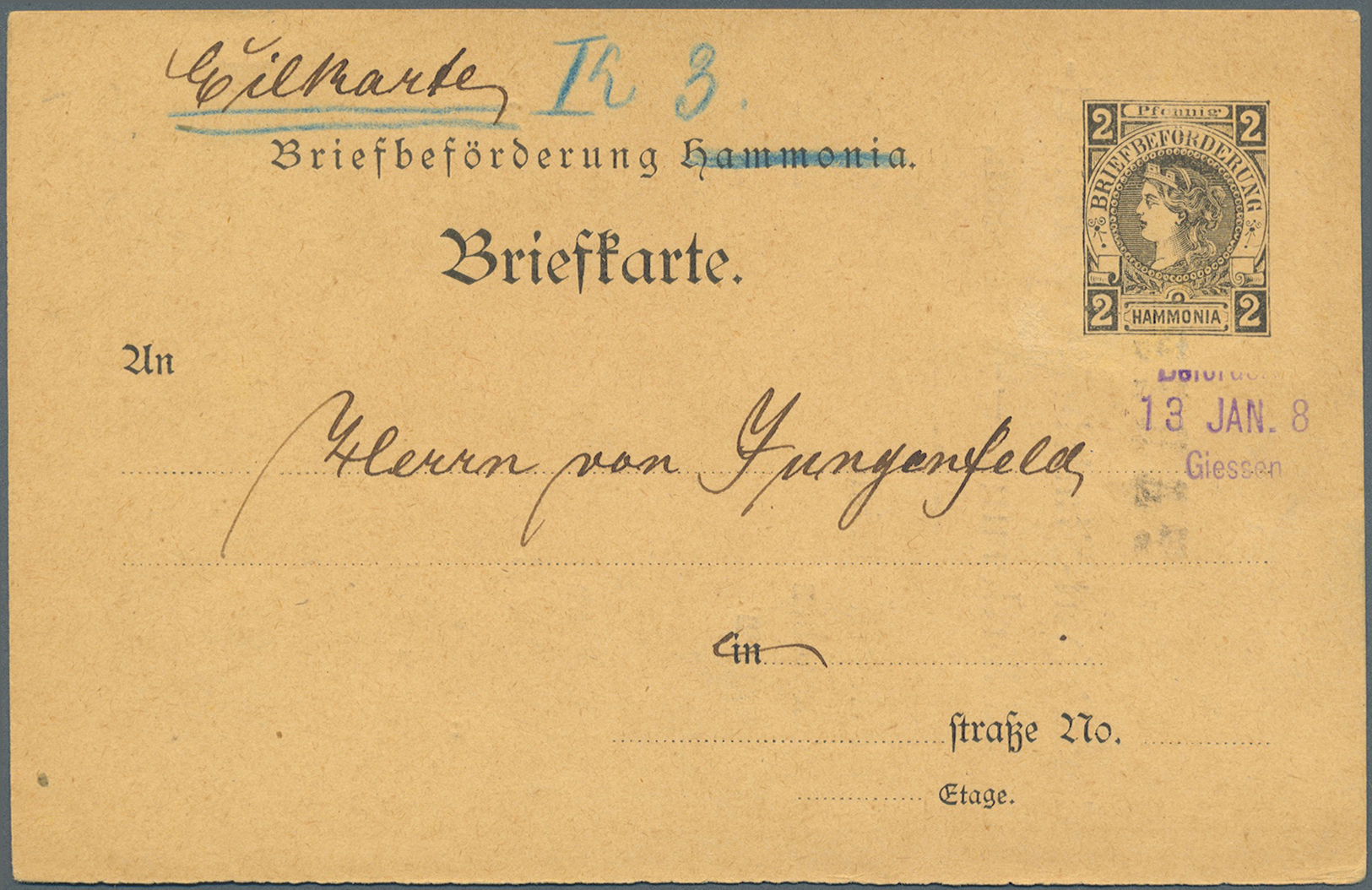 GA Deutsches Reich - Privatpost (Stadtpost): GIESSEN : Postkarte P4 Der Hammonia Hamburg, Ohne Aufdruck - Private & Lokale Post