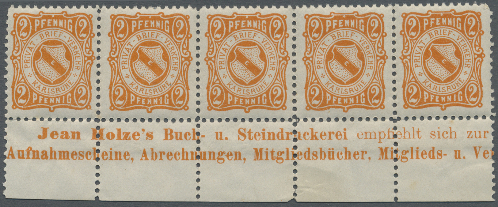 **/* Deutsches Reich - Privatpost (Stadtpost): KARLSRUHE - SONSTIGE: Schmidt/Farrenkopf. 2 Pfg. Orange Mi - Private & Lokale Post