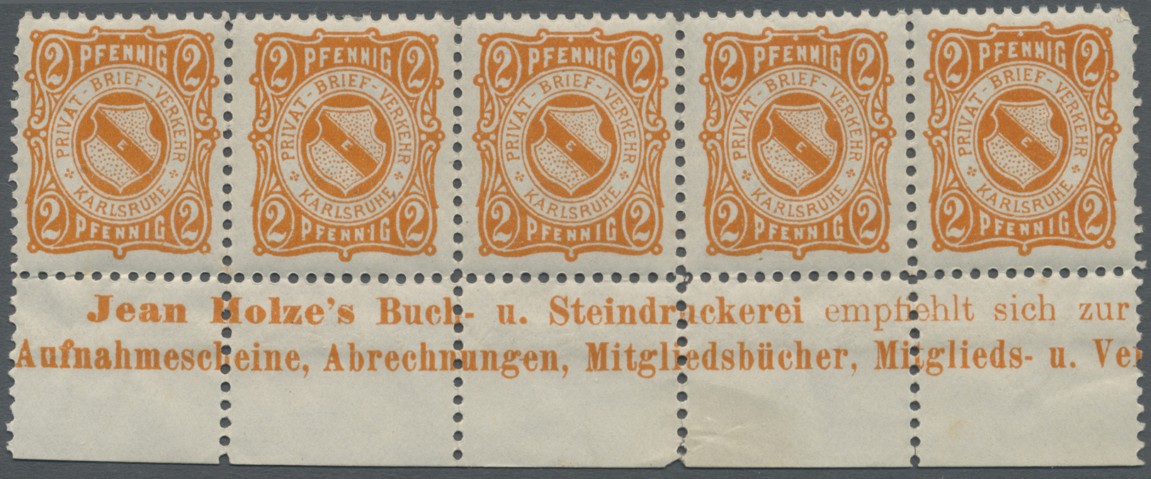 **/* Deutsches Reich - Privatpost (Stadtpost): KARLSRUHE - SONSTIGE: Schmidt/Farrenkopf. 2 Pfg. Orange Mi - Postes Privées & Locales