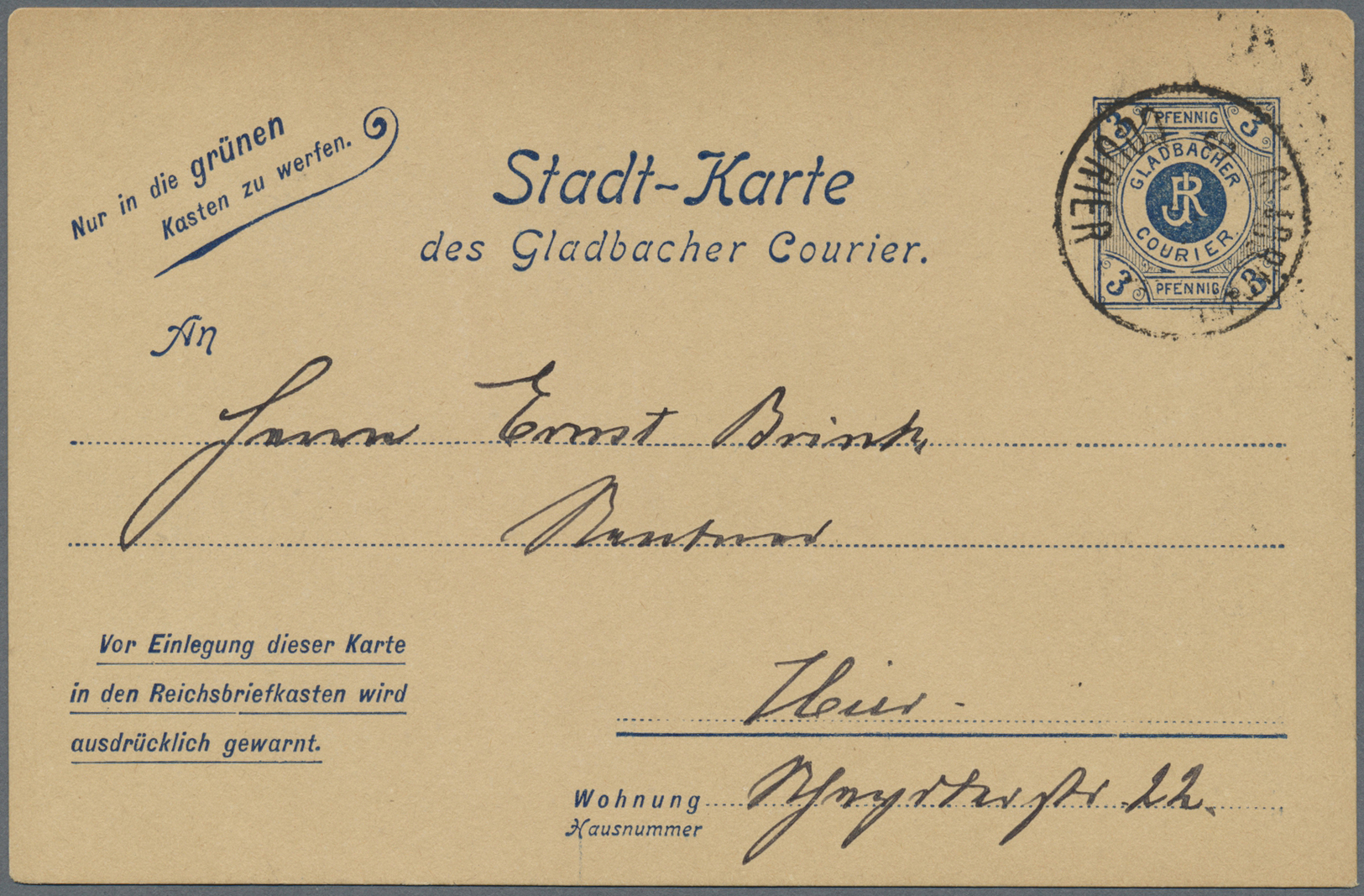 GA Deutsches Reich - Privatpost (Stadtpost): Mönchengladbach - Courier: 1897, 3 Pfg. Ganzsachenkarte Ge - Private & Lokale Post