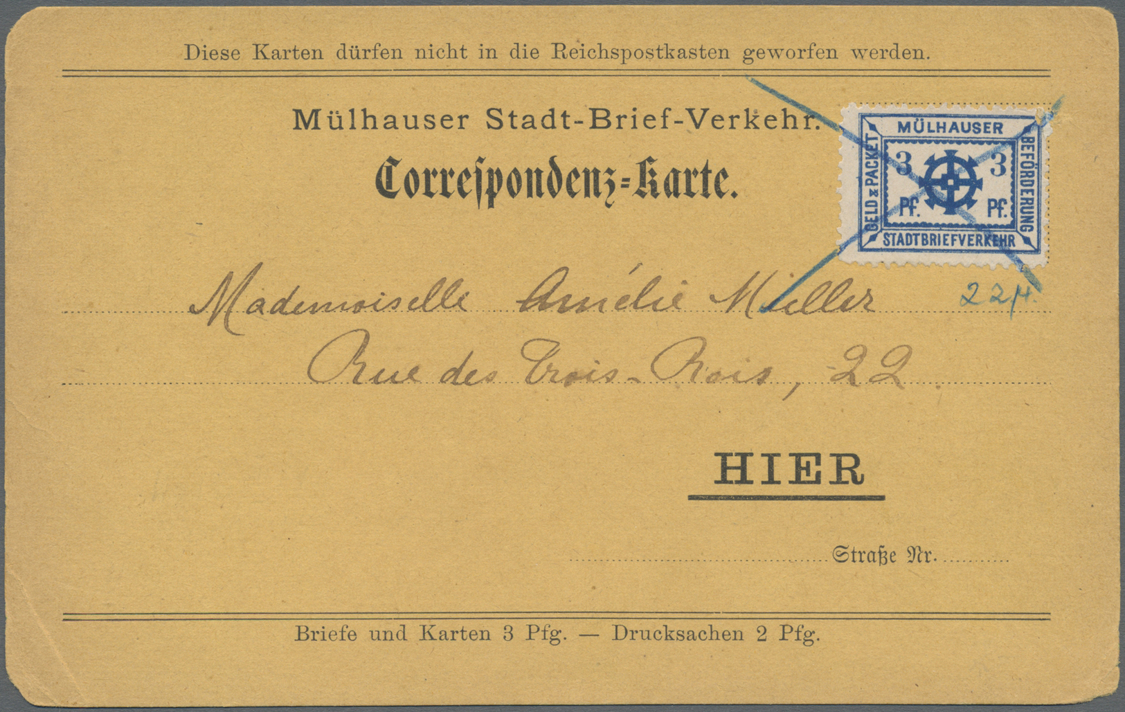 Br Deutsches Reich - Privatpost (Stadtpost): MÜLHAUSEN (ELSASS): Stadtwappen 3 Pfg. Dunkelblau, Blaustr - Private & Lokale Post