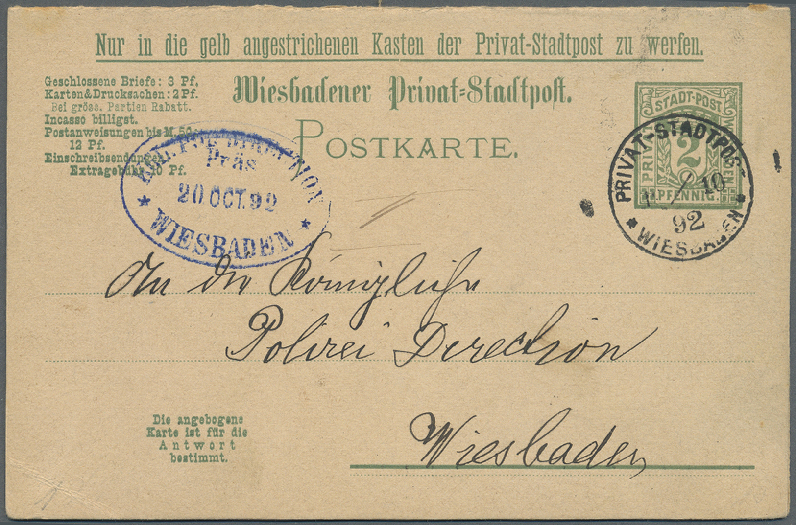 GA Deutsches Reich - Privatpost (Stadtpost): WIESBADEN: Transport Anstalt, Ziffer 2+2 Pfg. Olivgrün, Do - Postes Privées & Locales