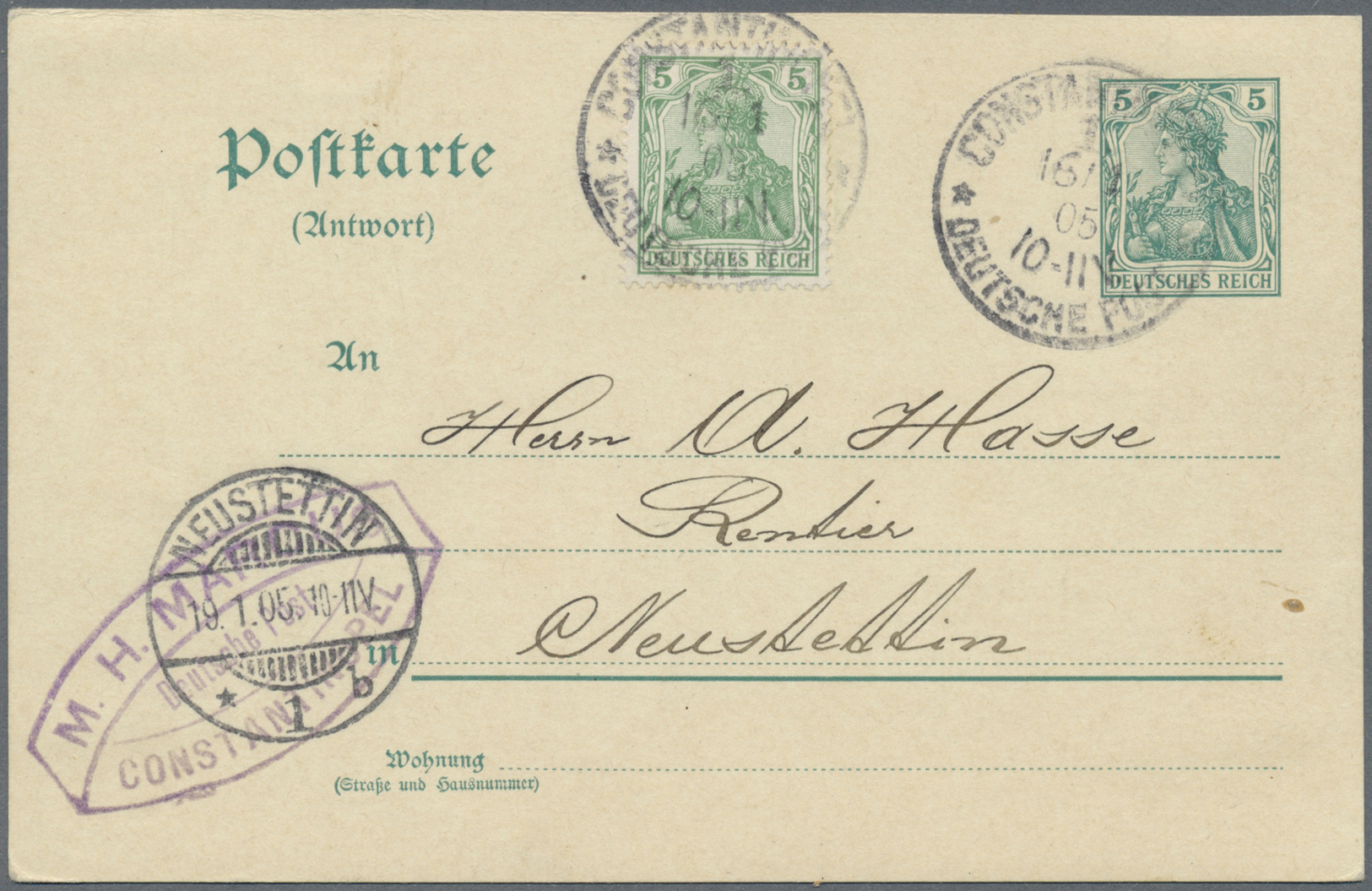 GA Deutsches Reich - Ganzsachen: 1905, 5 Pfg. Germania Antwortkarte Mit 5 Pfg. Zusatzfrankatur Vorfrank - Autres & Non Classés