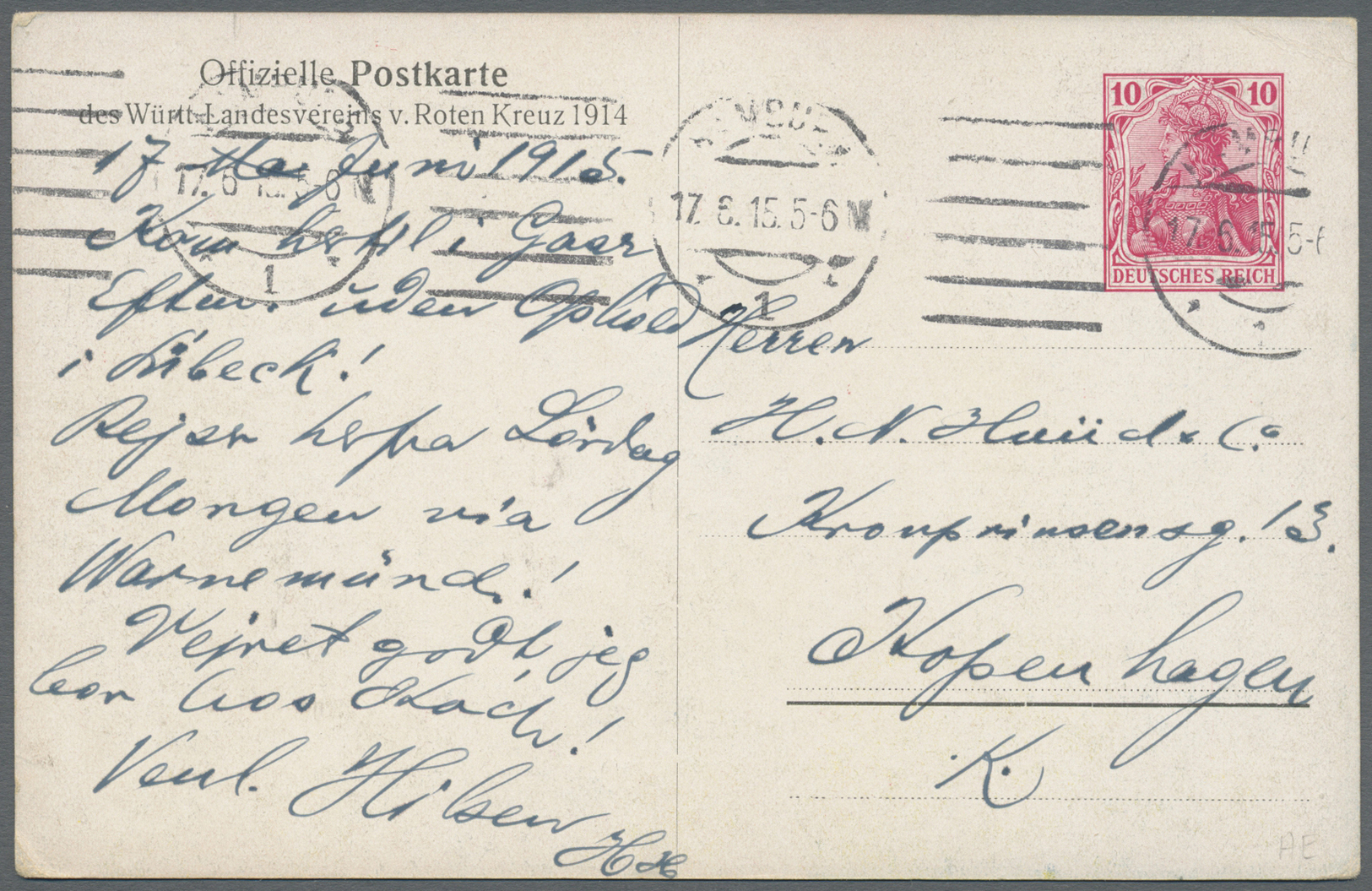 GA Deutsches Reich - Ganzsachen: 1915. Rot-Kreuz-Sonder-Postkarte 10 Pf Germania Von "Hamburg 17.6.15" - Autres & Non Classés