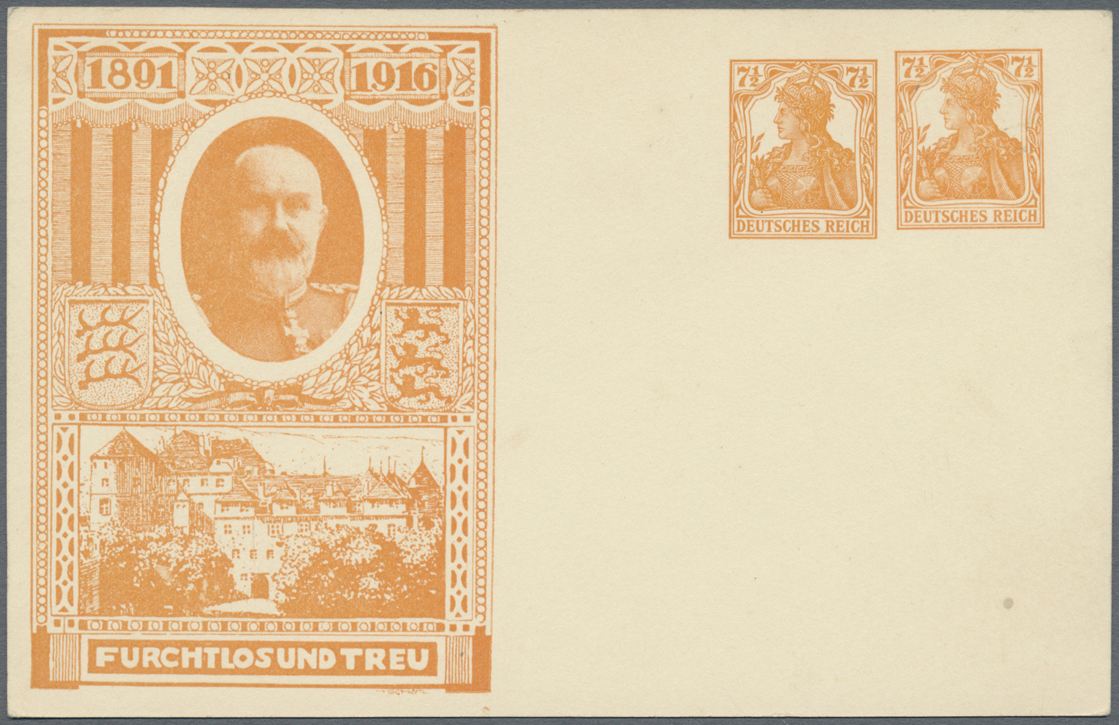 GA Deutsches Reich - Privatganzsachen: 1916. Privat-Postkarte 7½Pf Neben 7½Pf Orange Germania "1891-191 - Andere & Zonder Classificatie