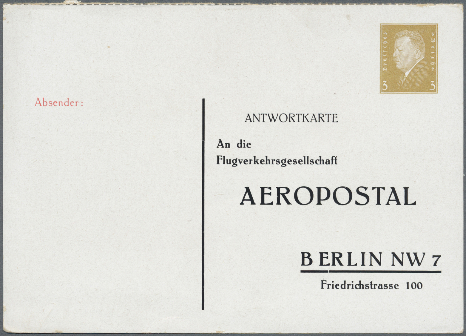 GA Deutsches Reich - Privatganzsachen: 1928. Privat-Antwortkarte 3 Pf Ebert "Flugverkehrsgesellschaft A - Andere & Zonder Classificatie