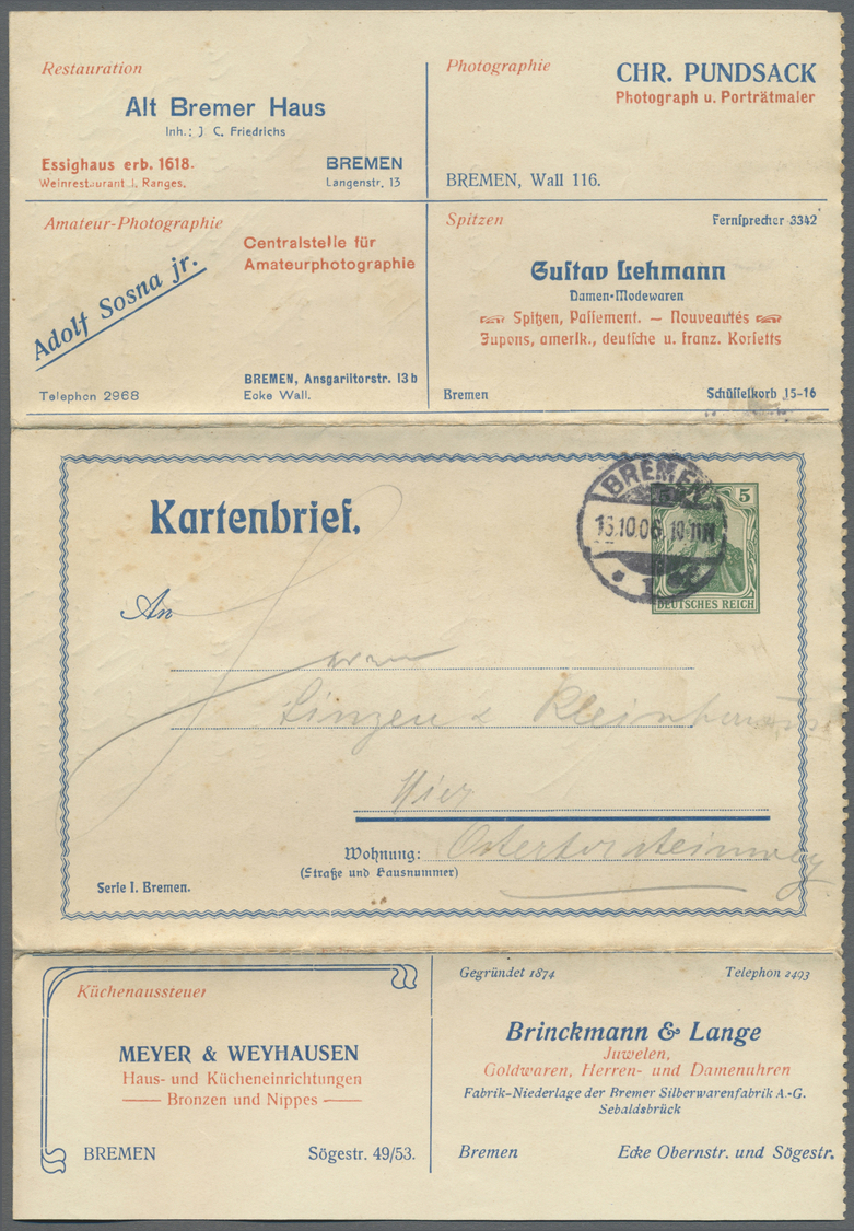 GA Deutsches Reich - Privatganzsachen: 1906, 5 Pfg. Ganzsachen-Kartenbrief, Bremen, Serie I Mit Werbung - Andere & Zonder Classificatie