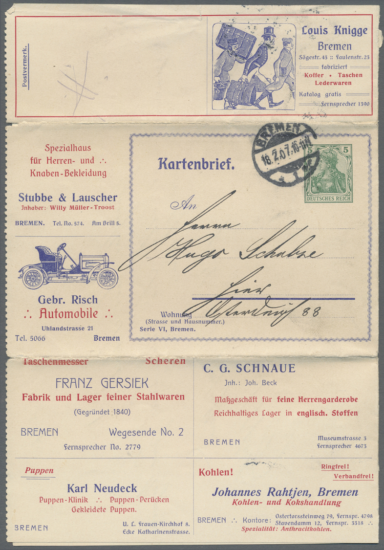 GA Deutsches Reich - Privatganzsachen: 1906, 5 Pfg. Ganzsachen-Kartenbrief, Bremen, Serie VI Mit Divers - Autres & Non Classés