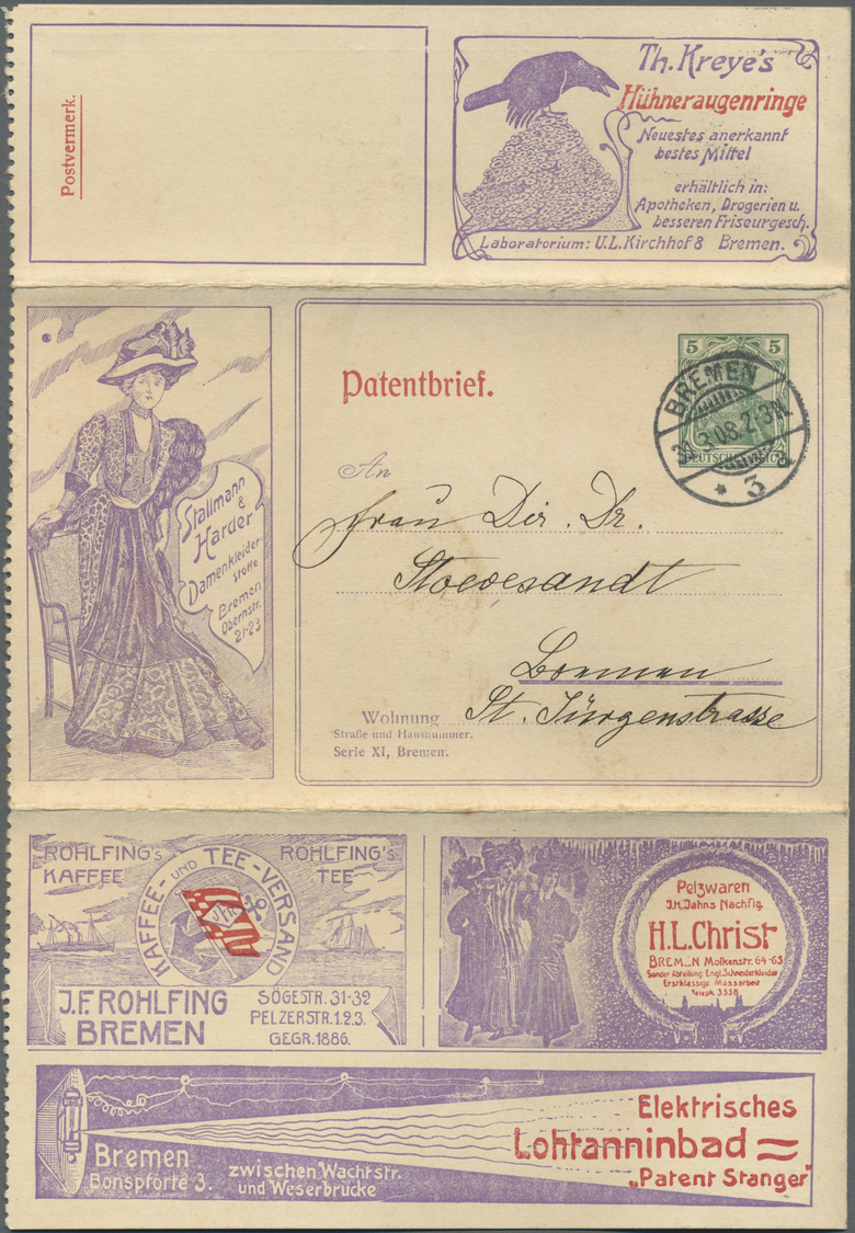 GA Deutsches Reich - Privatganzsachen: 1908, 5 Pfg. Germania Auf "Patentbrief" Bremen Mit Verschiedenen - Andere & Zonder Classificatie