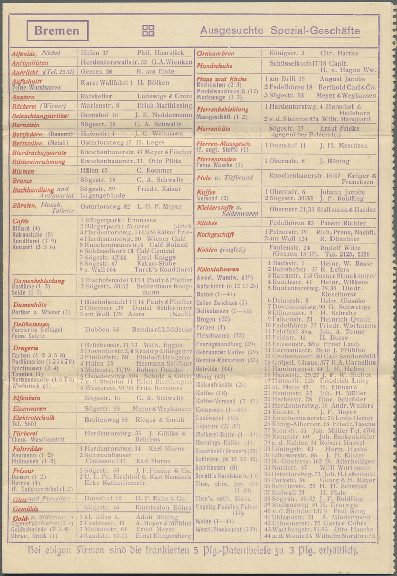 GA Deutsches Reich - Privatganzsachen: 1908, 5 Pfg. Germania Auf "Patentbrief" Bremen Mit Verschiedenen - Autres & Non Classés