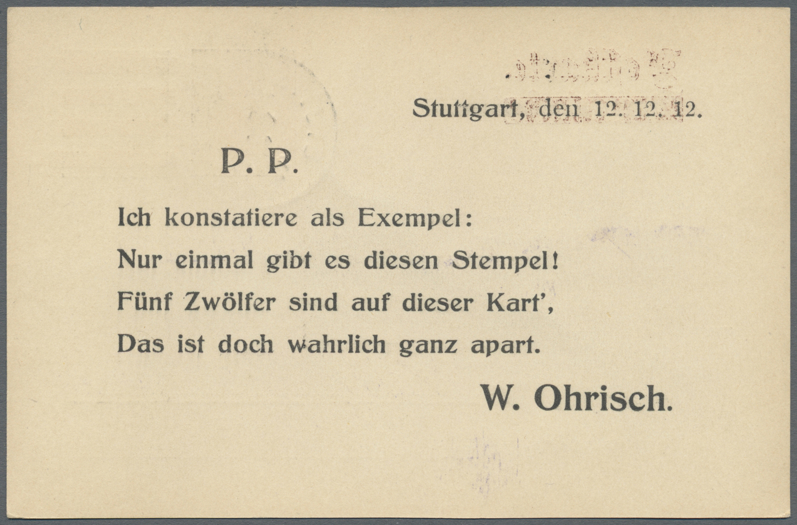 GA Deutsches Reich - Privatganzsachen: 1912. Privater Aufdruck "Postkarte" über Durchbalkt "Drucksache" - Autres & Non Classés