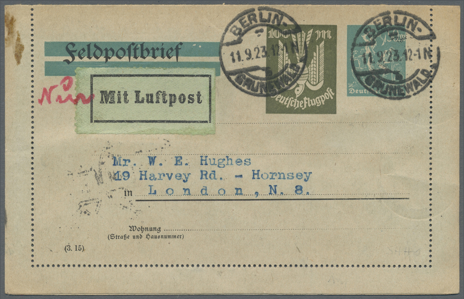 GA Deutsches Reich - Privatganzsachen: 1923 (ca). Privat-Kartenbrief 50M Bergarbeiter + 100M Flugpost M - Autres & Non Classés