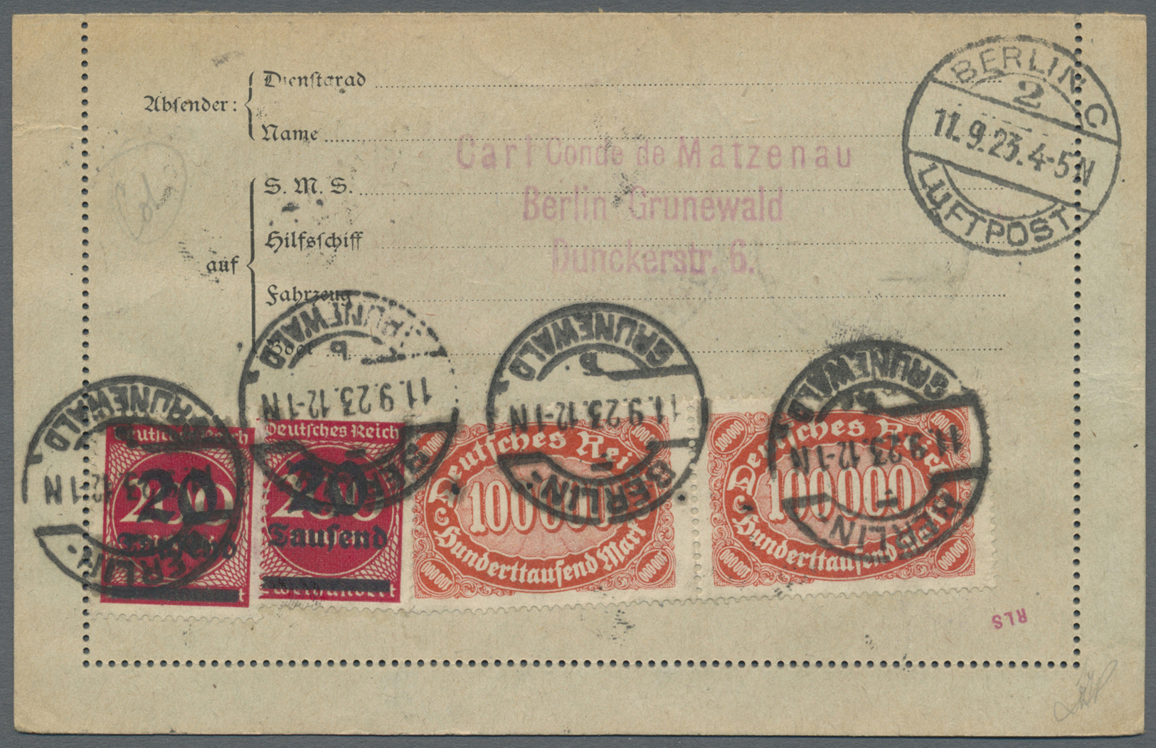 GA Deutsches Reich - Privatganzsachen: 1923 (ca). Privat-Kartenbrief 50M Bergarbeiter + 100M Flugpost M - Andere & Zonder Classificatie