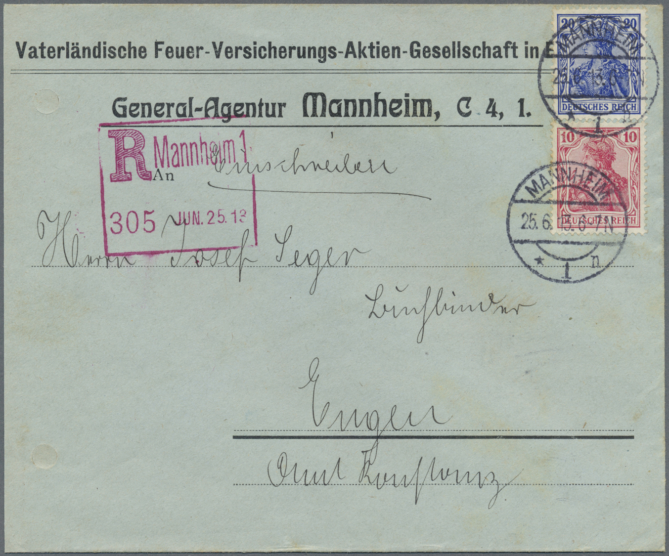 Br Deutsches Reich - Stempel: 1913, "R Mannheim 1 / 305 JUN.25.13", Sehr Deutlicher Lilaroter Versuchs- - Frankeermachines (EMA)