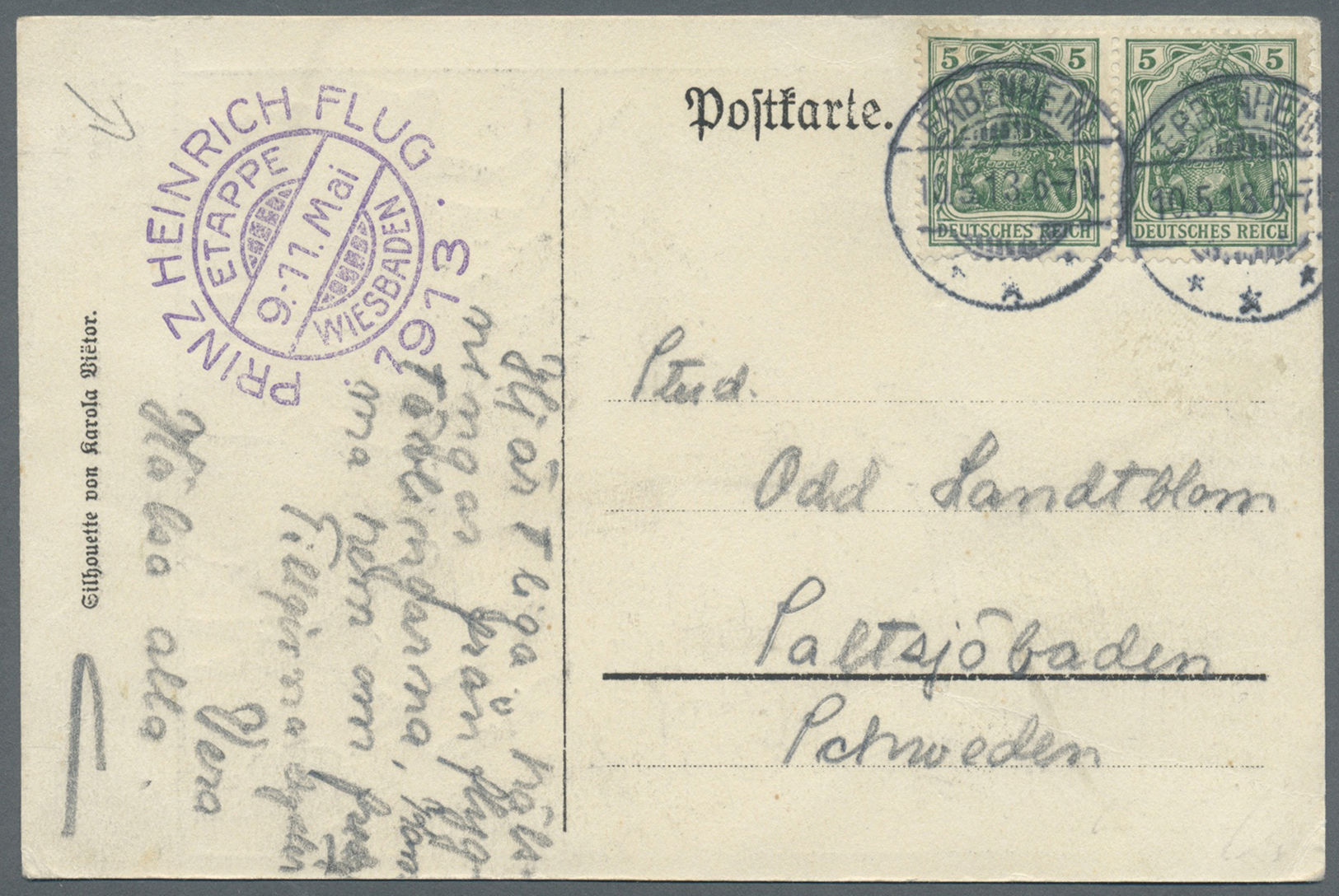 Br Deutsches Reich - Stempel: 1913, "PRINZ HEINRICH FLUG 1913 ETAPPE WIESBADEN 9.-11.Mai.", Violetter N - Frankeermachines (EMA)