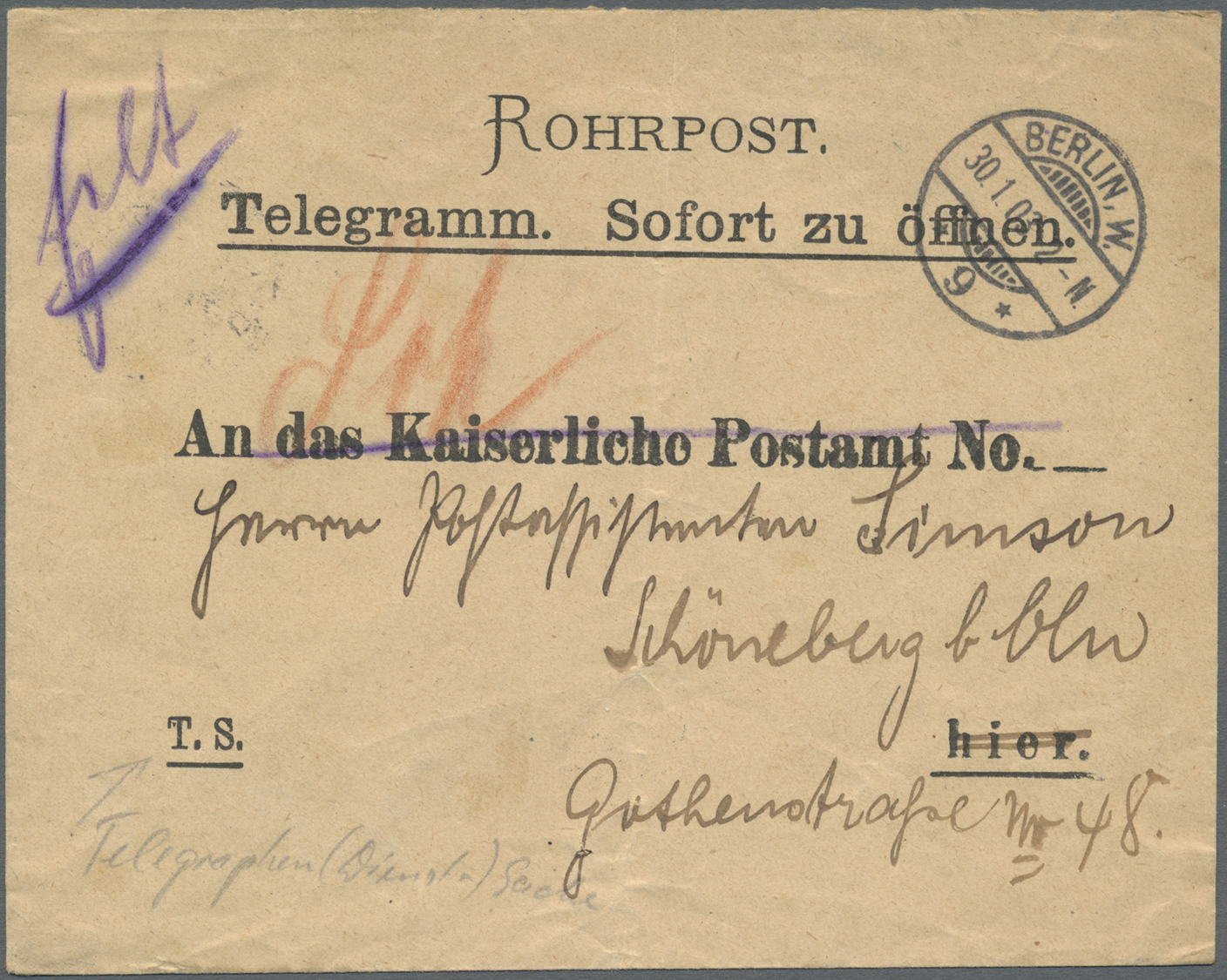 Br Deutsches Reich - Besonderheiten: 1903, Gedruckter Rohrpost-Telegrammumschlag Mit T.S. (Telegraphens - Andere & Zonder Classificatie