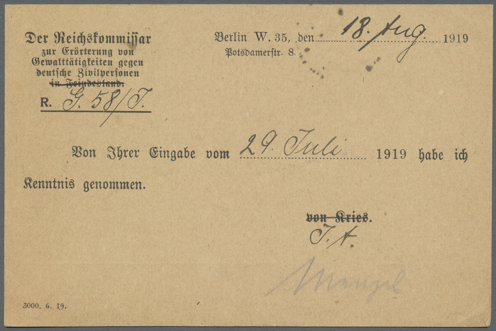 Br Deutsches Reich - Besonderheiten: 1919, Postkarte Als "Reichsdienstsache" Mit Eingedrucktem Siegel " - Autres & Non Classés