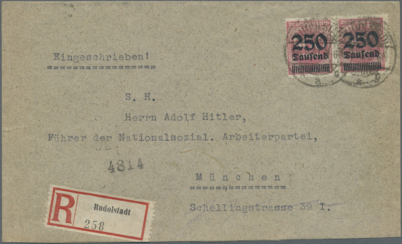 Br Deutsches Reich - Besonderheiten: 1923, 250 Tausend Auf 500 M. Rosa Im Waagerechten Paar Auf R-Brief - Andere & Zonder Classificatie