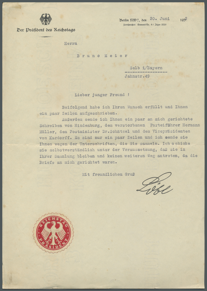 Br Deutsches Reich - Besonderheiten: 1932, Reichstag Präsident Paul Löbe, Eigenhändige Unterschrift "Lö - Andere & Zonder Classificatie