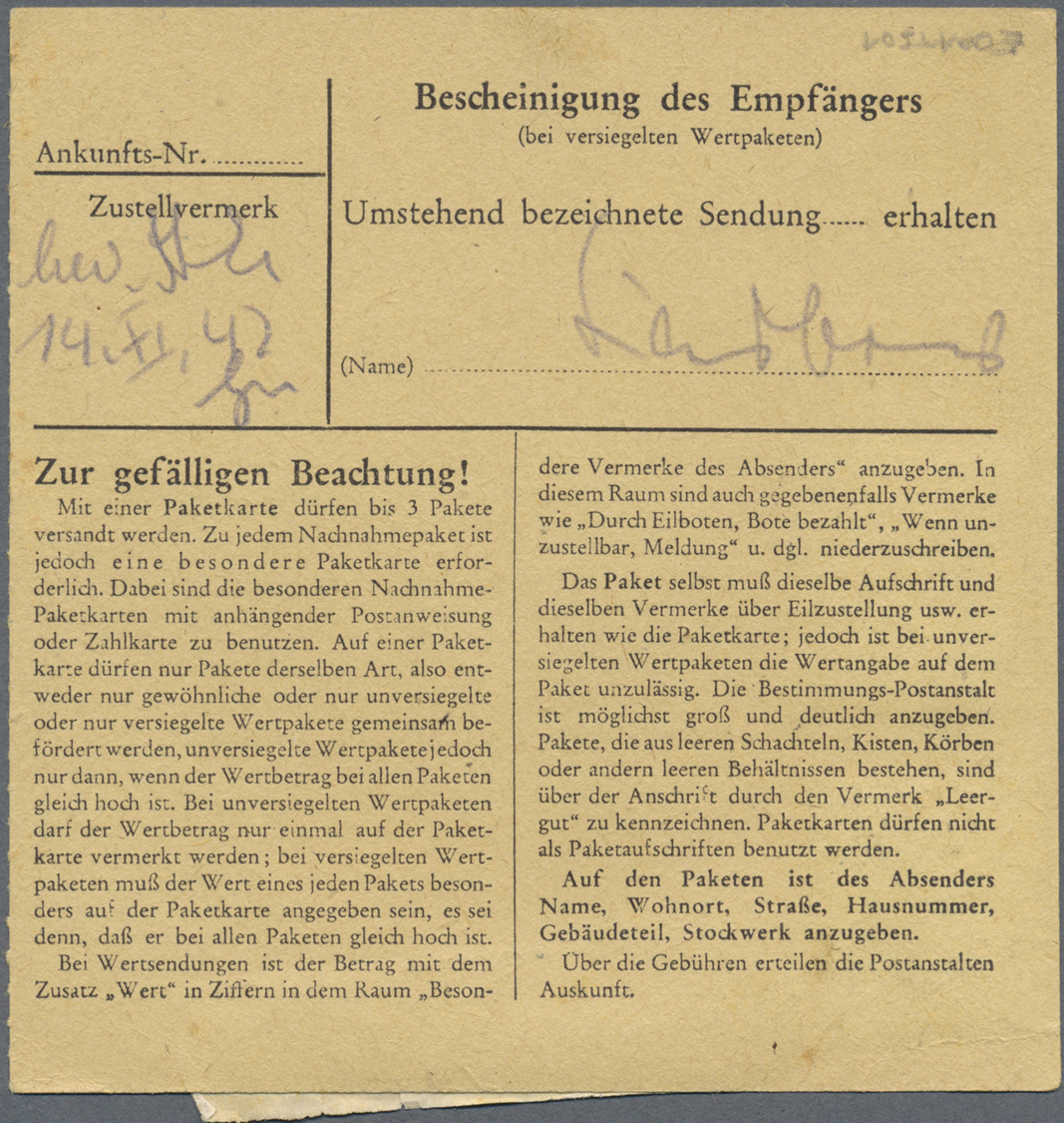 Br Deutsches Reich - Besonderheiten: 1942 (12.11.), Lebensborn, Frankierte Paketkarte (Stammteil) Von Z - Andere & Zonder Classificatie