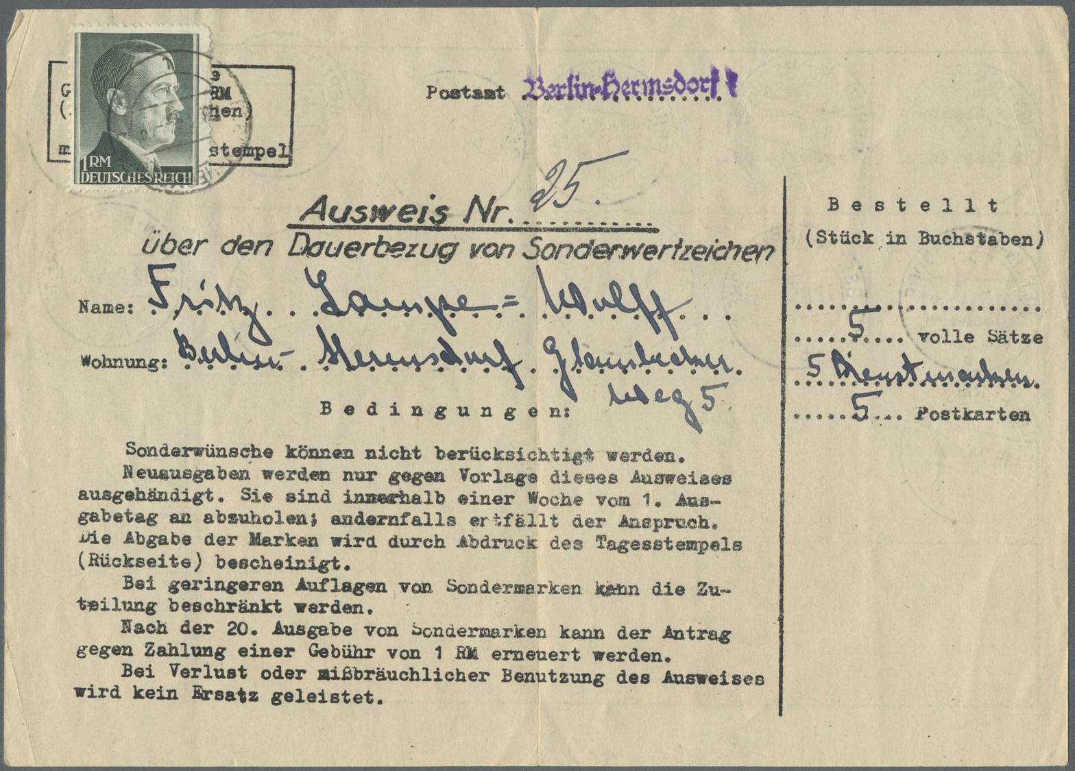 Br Deutsches Reich - Besonderheiten: 1945, 1 RM Hitler Auf Sammlerausweis Nummer 25 Für Den Dauerbezug, - Autres & Non Classés