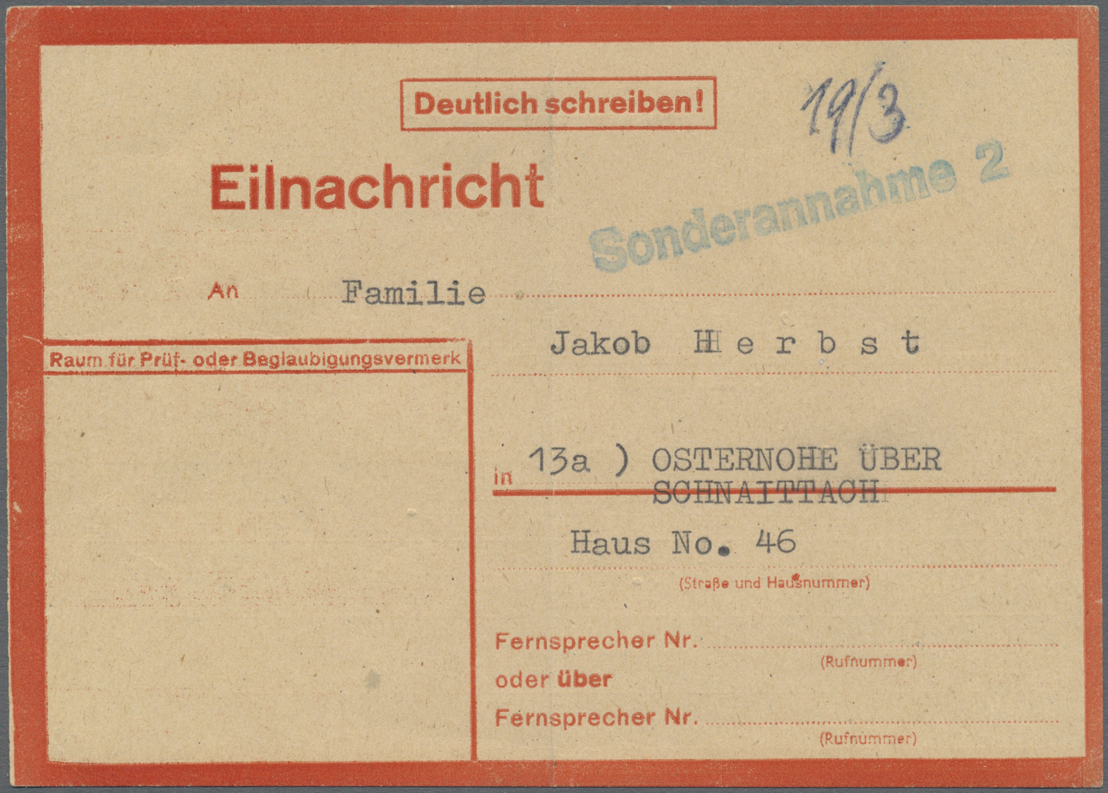 Br Deutsches Reich - Besonderheiten: 1945, "Sonderannahme 2" Blauer L1 Mit Hds. Datierung 19.3 Auf Rote - Autres & Non Classés