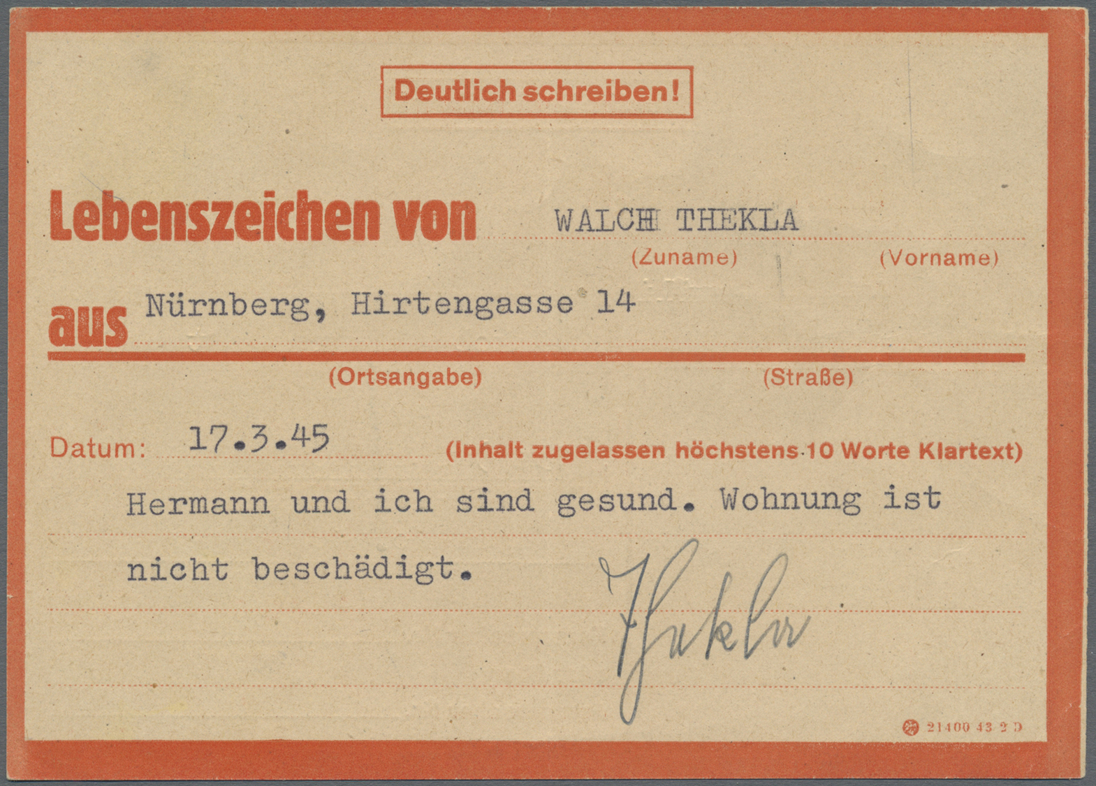 Br Deutsches Reich - Besonderheiten: 1945, "Sonderannahme 2" Blauer L1 Mit Hds. Datierung 19.3 Auf Rote - Autres & Non Classés