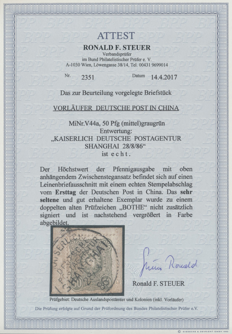 Brfst Deutsche Post In China - Vorläufer: 1886: 50 Pfg Graugrün Mit ERSTTAGSENTWERTUNG "KAISERLICH DEUTSCH - China (kantoren)