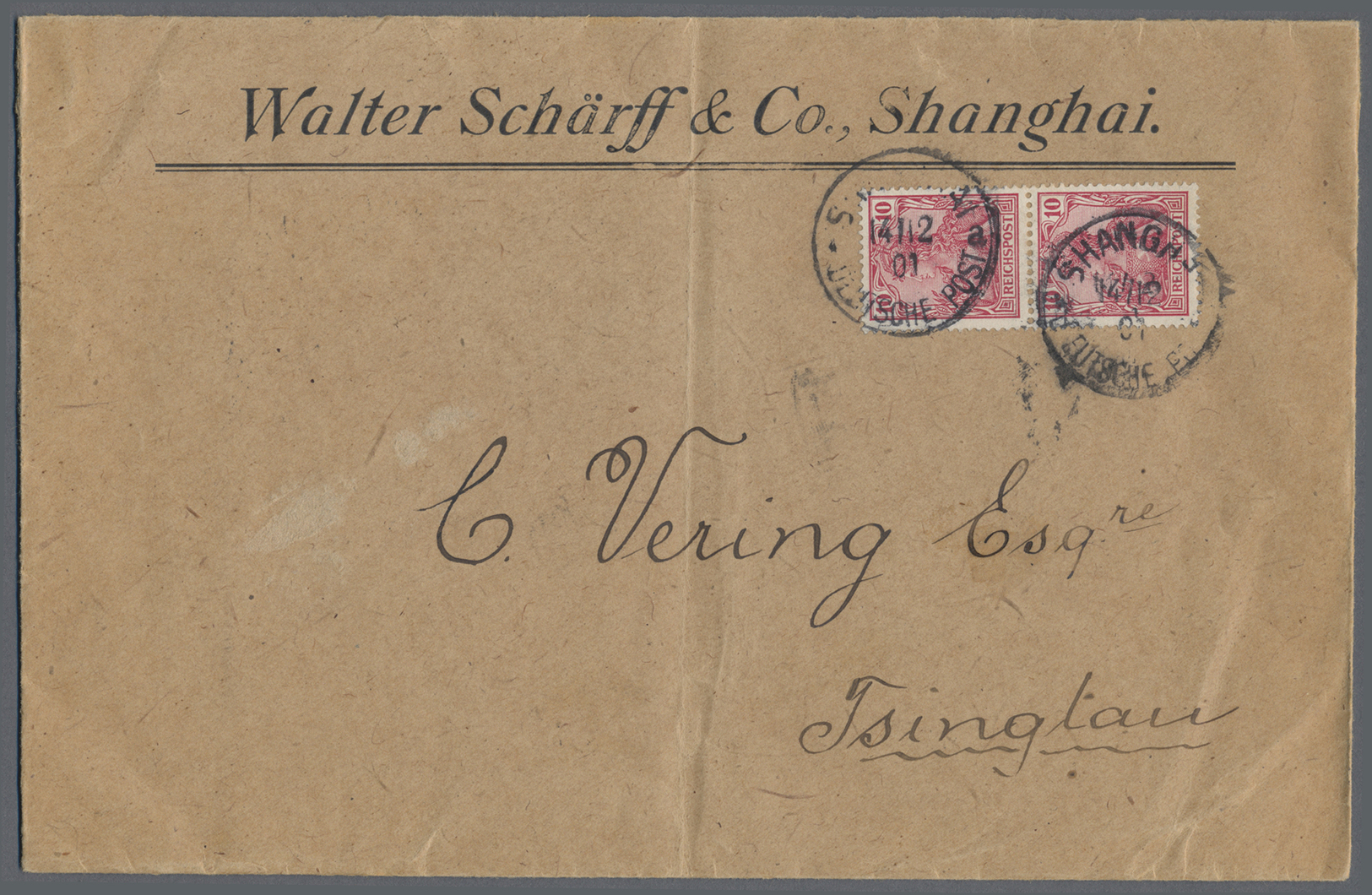 Br Deutsche Post In China - Mitläufer: 1901: Reichspost 10 Pfg. Im Paar Auf Brief (Bug) Von Shanghai Na - China (kantoren)