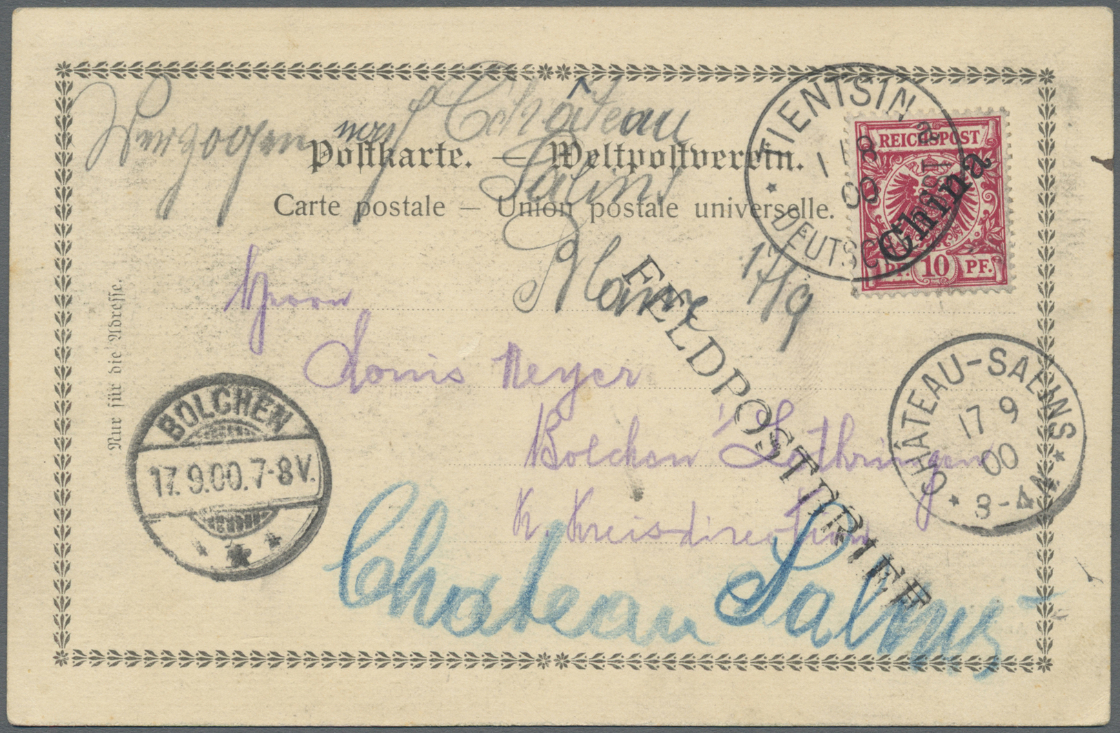 Br Deutsche Post In China: 1898/1900: 10 Pfg. Diagonaler Aufdruck 1898, Auf Farbiger  Feldpost-Nachsend - China (kantoren)