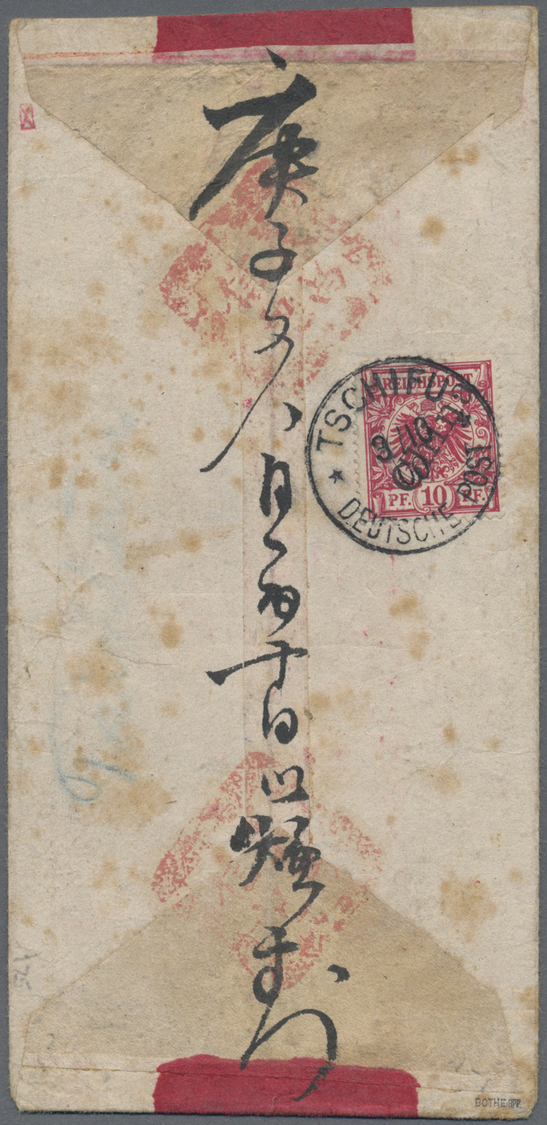 Br Deutsche Post In China: 1898, 10 Pf. Mit Stpl. "TSCHIFU 3/10 00" Rückseitig Auf Rotbandbrief (Fleckc - Chine (bureaux)