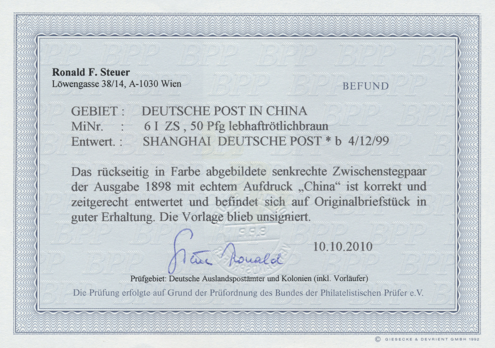 Brfst Deutsche Post In China: 1898, 50 Pf. Lebhaftrötlichbraun Mit Diagonalem Aufdruck Im Senkrechten Zwis - Chine (bureaux)