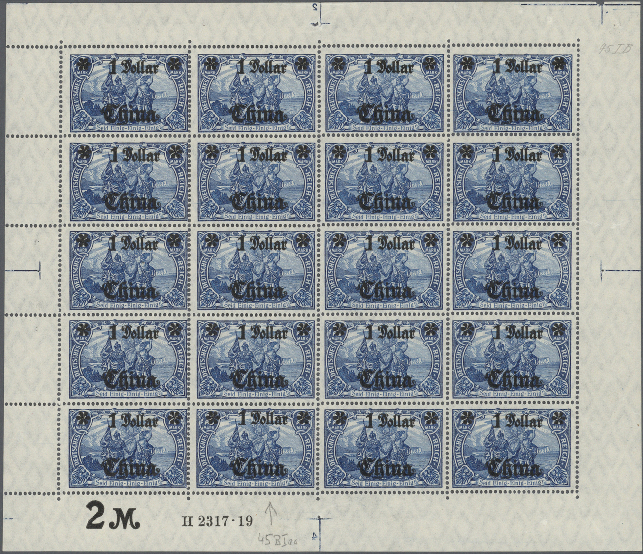 ** Deutsche Post In China: 1919, Postfrischer Bogen Des 1 Dollar Wertes Kriegsdruck Inkl. Abart: Abstan - Chine (bureaux)