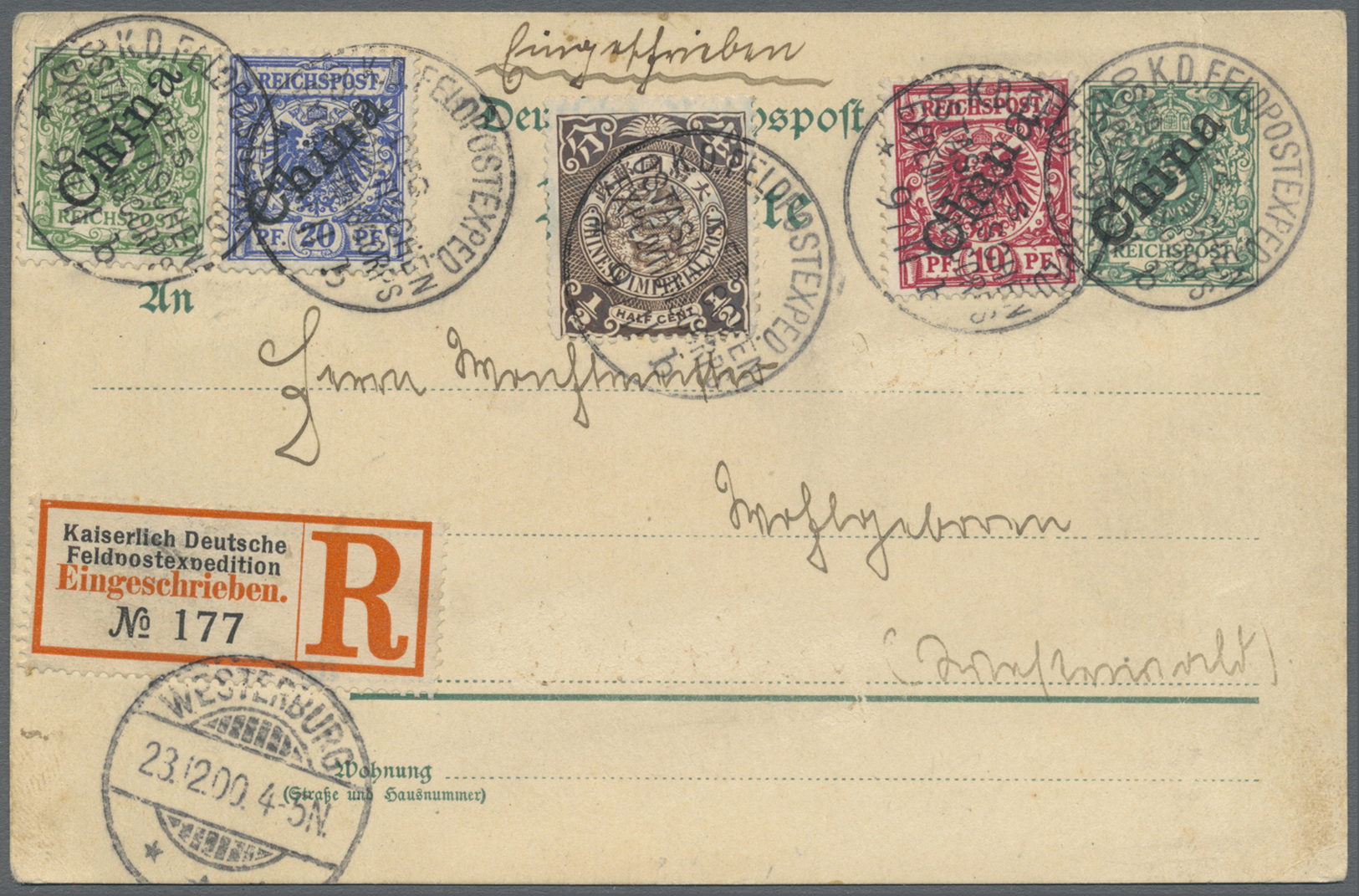 GA Deutsche Post In China - Ganzsachen: 1900, 5 Pf Ganzsachenkarte Mit Guter Zusatzfrankatur Und 1/2 C - Deutsche Post In China