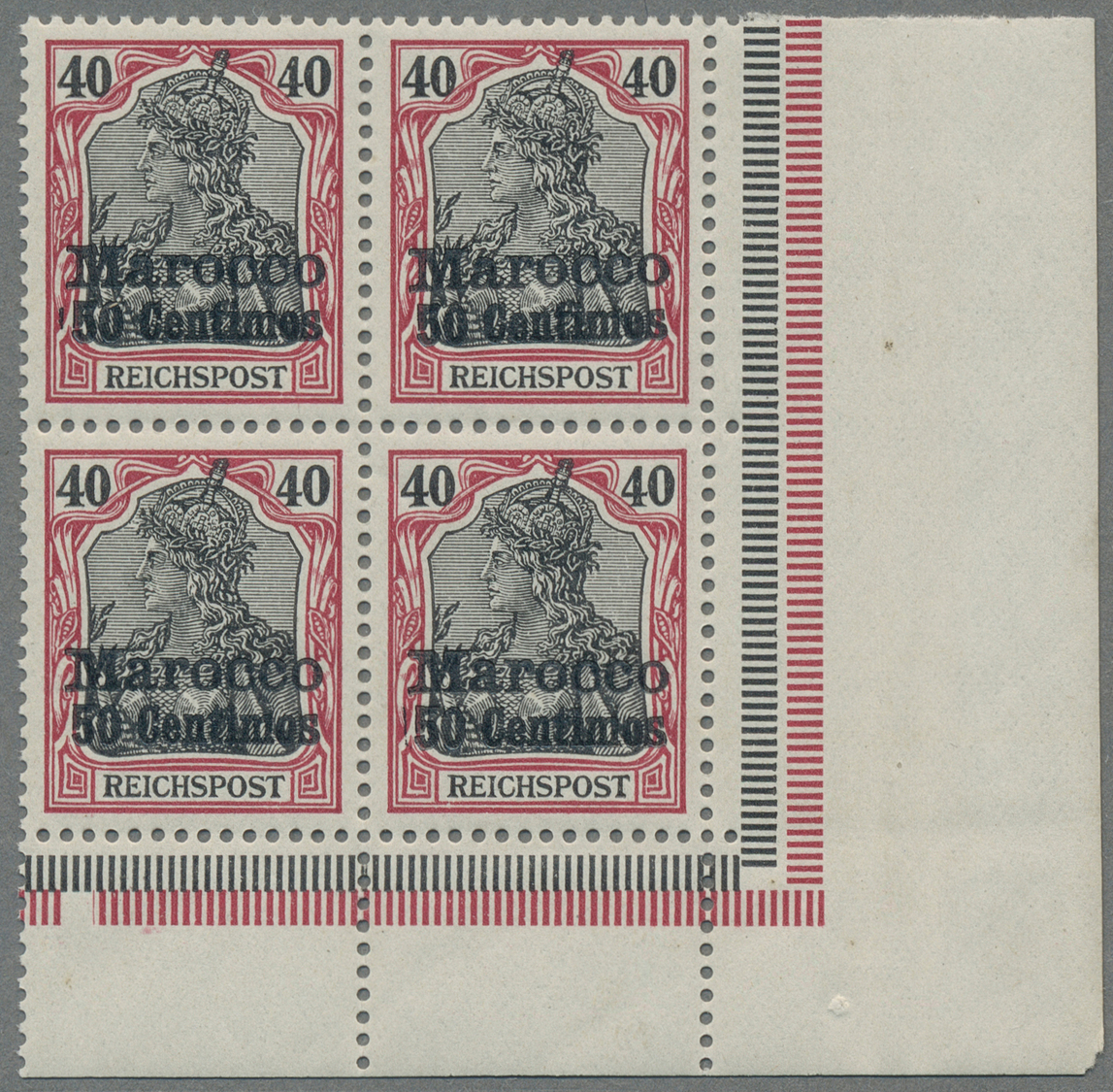 ** Deutsche Post In Marokko: 1900, Der Sog. Fette Aufdruck, Sechs Postfrische Viererblöcke, Dabei Drei - Maroc (bureaux)