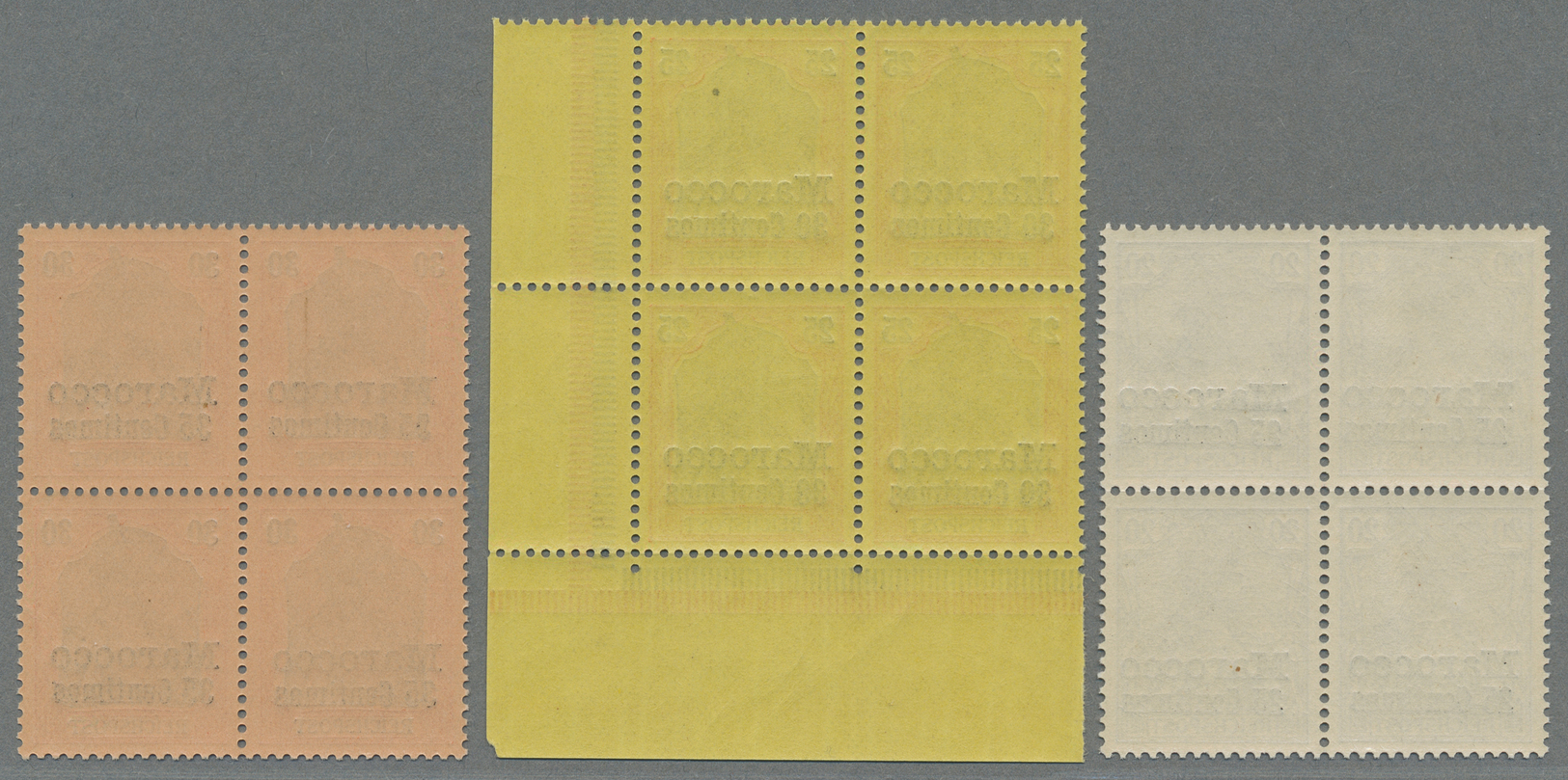 ** Deutsche Post in Marokko: 1900, der sog. fette Aufdruck, sechs postfrische Viererblöcke, dabei drei