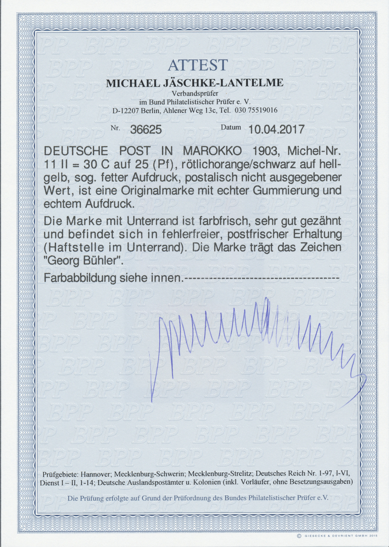 ** Deutsche Post In Marokko: 1903. 30 C Auf 25 Pf Rötlichorange/schwarz Auf Hellgelb "Marocco" Als Post - Marokko (kantoren)