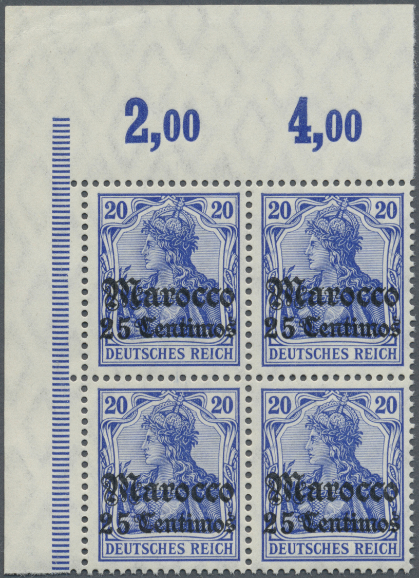 ** Deutsche Post In Marokko: 1906, Postfrischer Eckrand-Viererblock Vom Oberrand, Mi. 240,- + Euro. - Marocco (uffici)