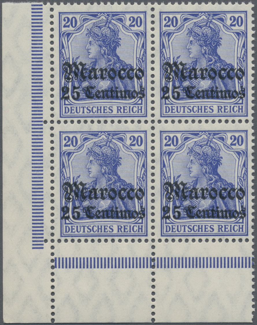 ** Deutsche Post In Marokko: 1906, Postfrischer Eckrand-Viererblock Vom Unterrand, Mi. 240,- + Euro. - Marokko (kantoren)