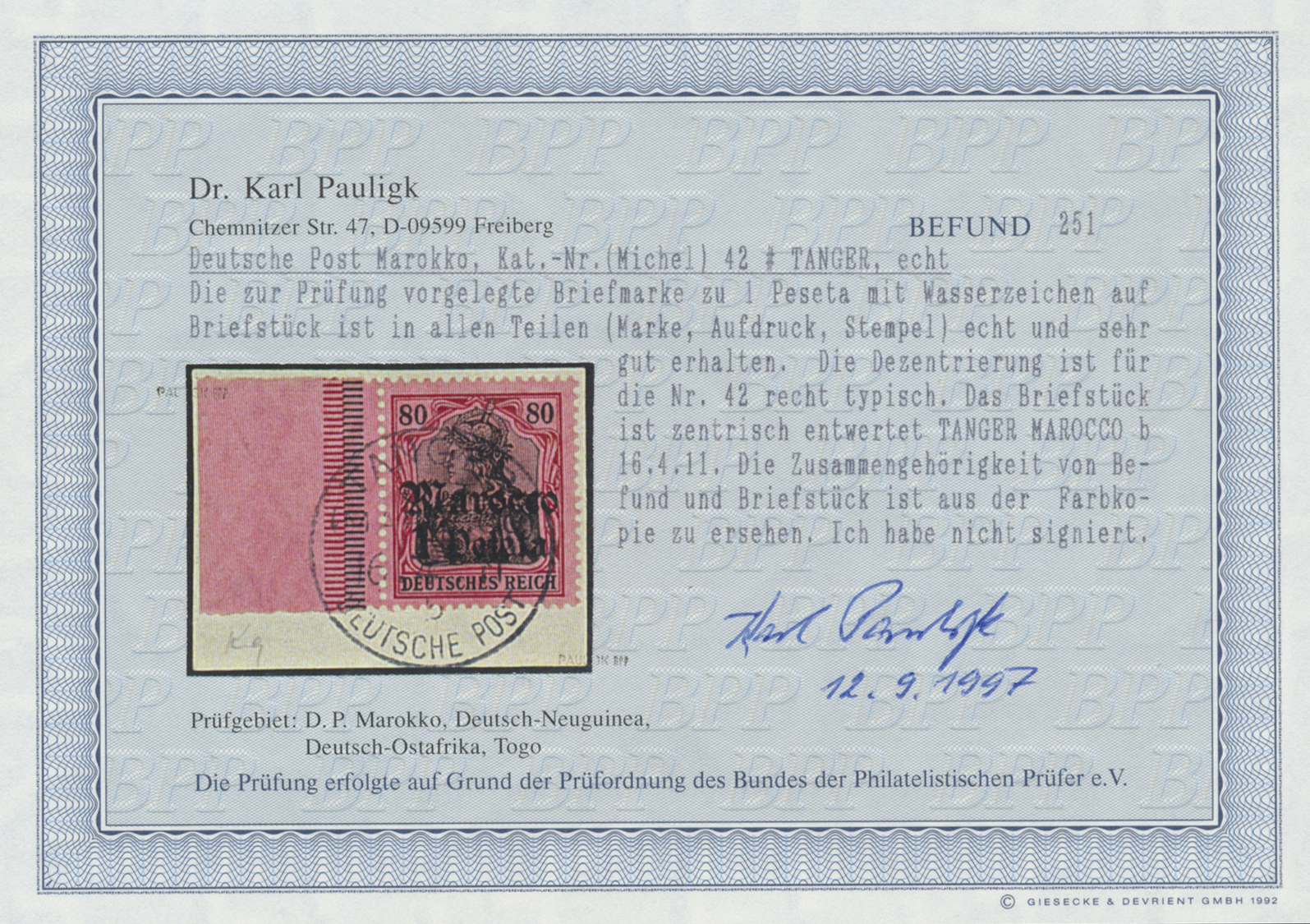 Brfst Deutsche Post In Marokko: 1911, 1 P Auf 80 Pf. Germania, Tadellose Marke Vom Linken Bogenrand Auf Br - Marokko (kantoren)