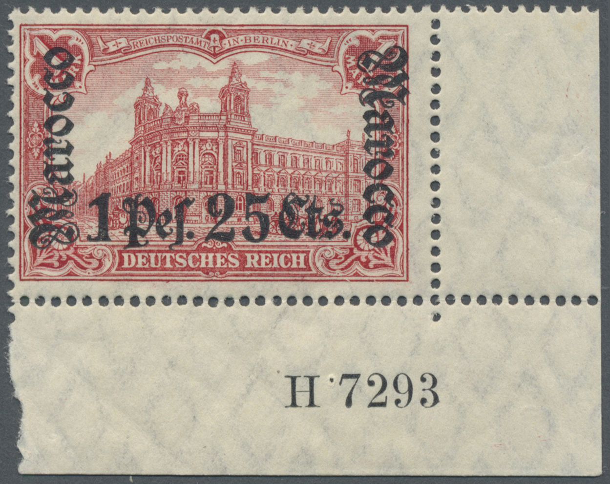 * Deutsche Post In Marokko: 1906, 1 Pes. 25 Cts. Auf 1 M. Mit Wasserzeichen Aus Der Rechten Unteren Bo - Marokko (kantoren)
