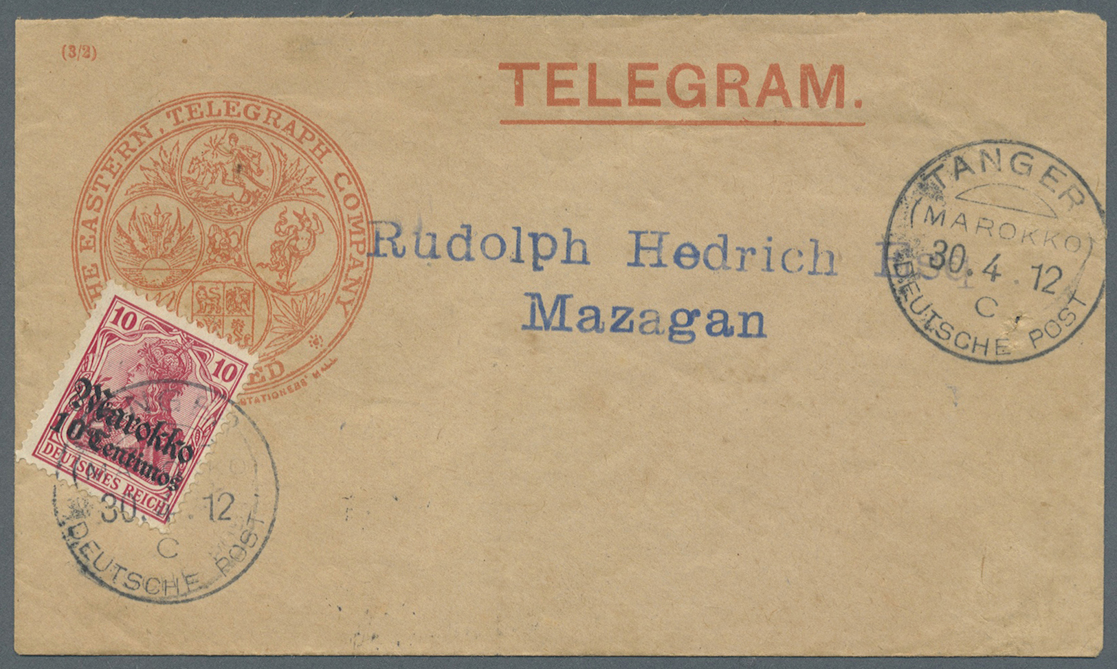 Br Deutsche Post In Marokko: 1912, 10 C. Auf 10 Pfg. Germania Auf Telegramm-Umschlag Mit Klarem, Roten - Marokko (kantoren)